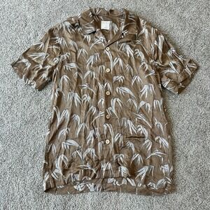 Sandro Paris Shirt Short Sleeve Button Up Mens Small Brown White Palm Leaf‎